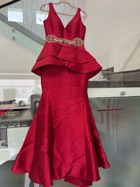 Mac Duggal Red Satin Peplum Midi Dress with Jeweled Waist